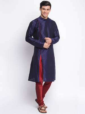 Deep Blue Art Silk plain Straight men kurta With Churidar 3