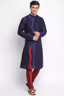 Deep Blue Art Silk plain Straight men kurta With Churidar