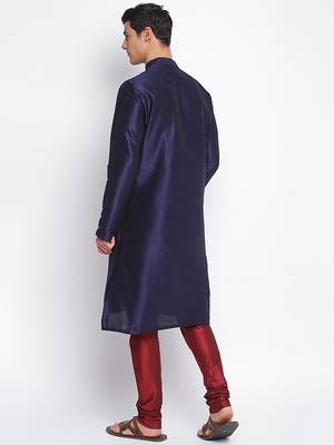 Deep Blue Art Silk plain Straight men kurta With Churidar 4