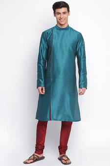 Deep Green Art Silk plain Straight men kurta With Churidar
