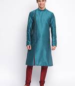 Deep Green Art Silk plain Straight men kurta With Churidar