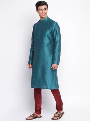Deep Green Art Silk plain Straight men kurta With Churidar 2