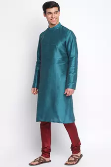 Deep Green Art Silk plain Straight men kurta With Churidar