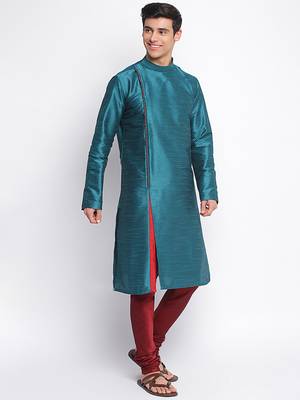 Deep Green Art Silk plain Straight men kurta With Churidar 3