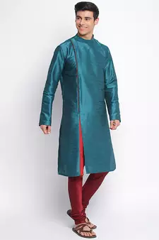 Deep Green Art Silk plain Straight men kurta With Churidar
