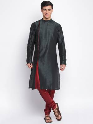 Fourleaf Green Art Silk plain Straight men kurta With Churidar 1