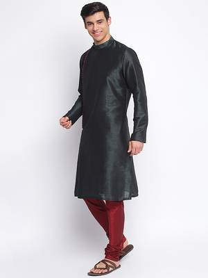 Fourleaf Green Art Silk plain Straight men kurta With Churidar 2