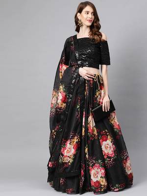 Black embroidered organza semi stitched lehenga 1