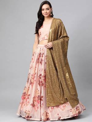 Peach embroidered organza semi stitched lehenga 1