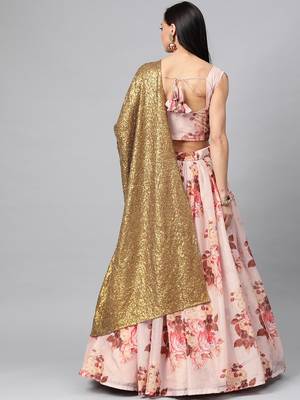Peach embroidered organza semi stitched lehenga 2