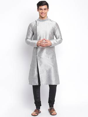 Silver Art Silk plain Straight men kurta With Churidar 1