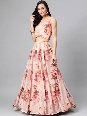 Peach embroidered organza semi stitched lehenga 4