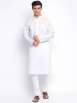 White Cotton plain Straight men kurta With Churidar 1