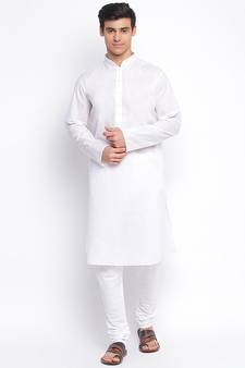 White Cotton plain Straight men kurta With Churidar