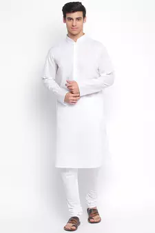 White Cotton plain Straight men kurta With Churidar