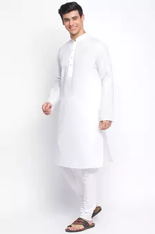 White Cotton plain Straight men kurta With Churidar