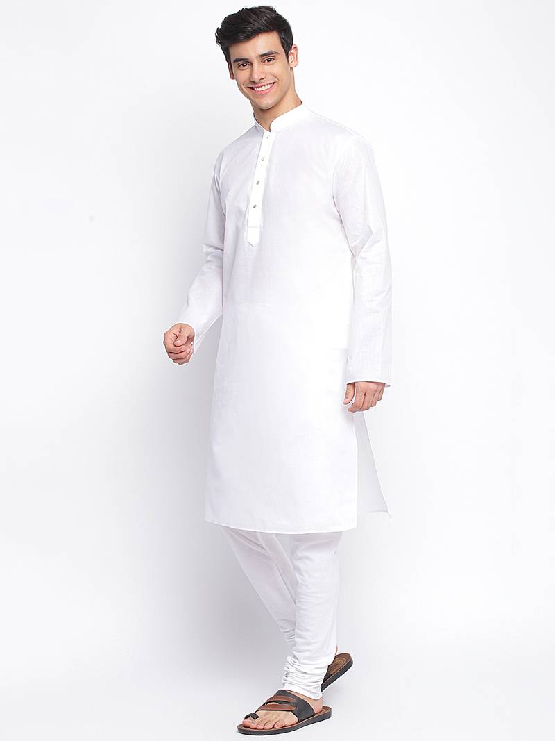 White Cotton plain Straight men kurta With Churidar