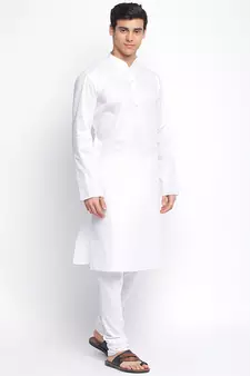 White Cotton plain Straight men kurta With Churidar