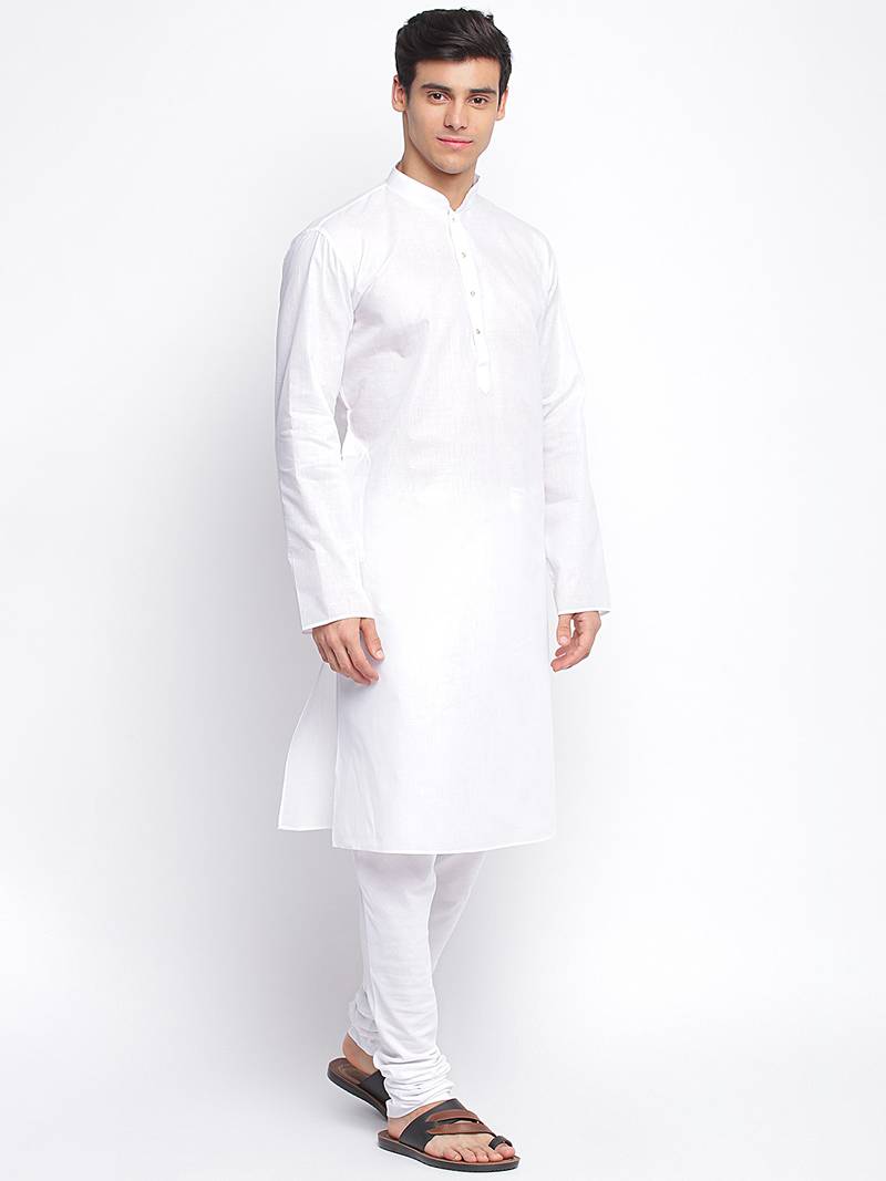 White Cotton plain Straight men kurta With Churidar