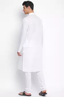 White Cotton plain Straight men kurta With Churidar