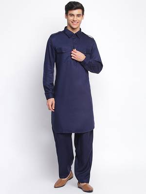 Deep Blue Cotton plain Pathani Set 1
