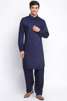 Deep Blue Cotton plain Pathani Set