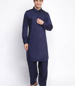 Deep Blue Cotton plain Pathani Set