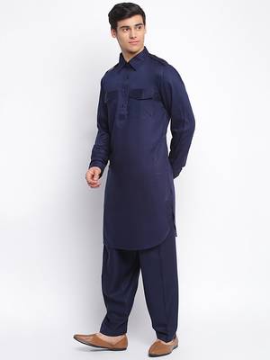 Deep Blue Cotton plain Pathani Set 2