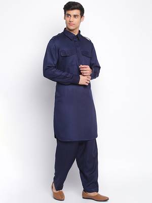 Deep Blue Cotton plain Pathani Set 3
