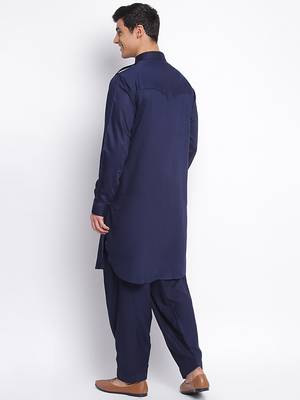 Deep Blue Cotton plain Pathani Set 4