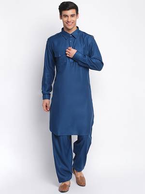 Denim Blue Cotton plain Sleeves men kurta With Churidar 1