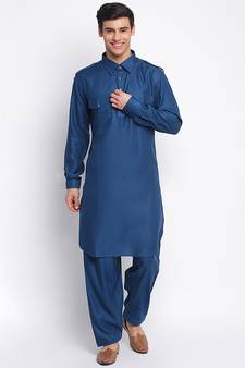 Denim Blue Cotton plain Sleeves men kurta With Churidar