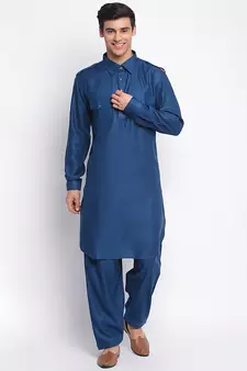 Denim Blue Cotton plain Sleeves men kurta With Churidar