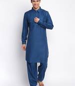 Denim Blue Cotton plain Sleeves men kurta With Churidar