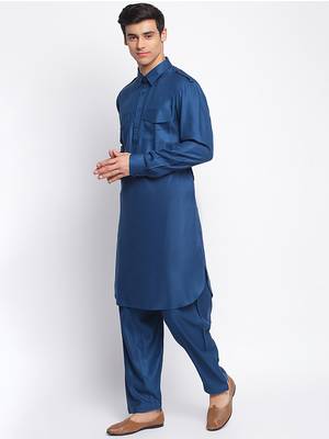 Denim Blue Cotton plain Sleeves men kurta With Churidar 2