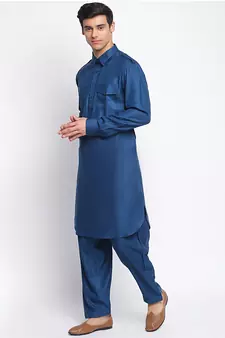 Denim Blue Cotton plain Sleeves men kurta With Churidar
