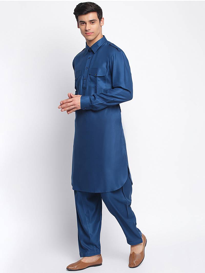 Denim Blue Cotton plain Sleeves men kurta With Churidar