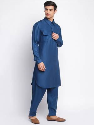 Denim Blue Cotton plain Sleeves men kurta With Churidar 3