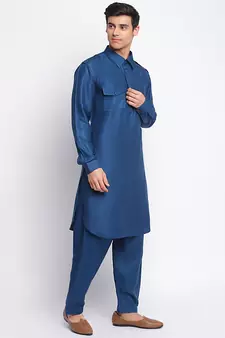 Denim Blue Cotton plain Sleeves men kurta With Churidar