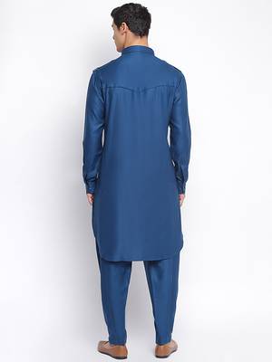 Denim Blue Cotton plain Sleeves men kurta With Churidar 4