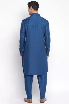 Denim Blue Cotton plain Sleeves men kurta With Churidar