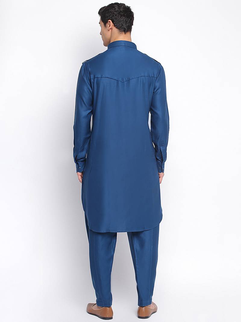 Denim Blue Cotton plain Sleeves men kurta With Churidar