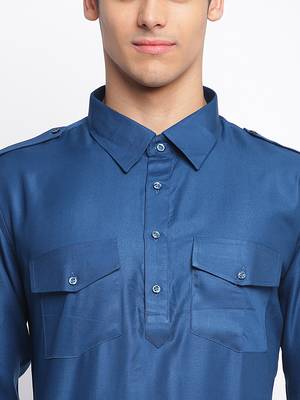 Denim Blue Cotton plain Sleeves men kurta With Churidar 5