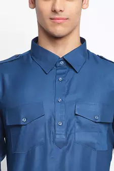 Denim Blue Cotton plain Sleeves men kurta With Churidar
