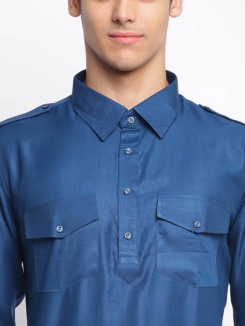 Denim Blue Cotton plain Sleeves men kurta With Churidar