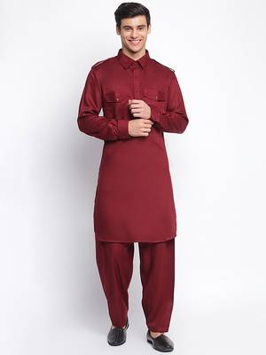 Maroon Cotton plain Pathani Set 1