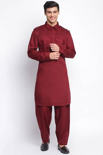 Maroon Cotton plain Pathani Set