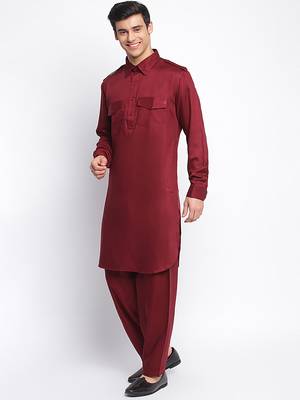Maroon Cotton plain Pathani Set 2