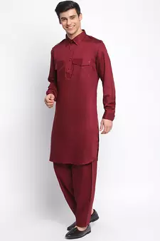 Maroon Cotton plain Pathani Set