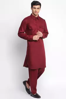 Maroon Cotton plain Pathani Set